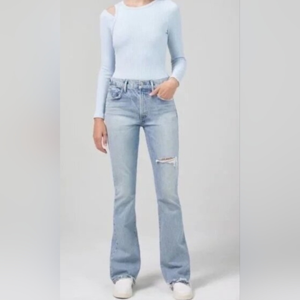 Citizens Of Humanity Light Blue High-Rise Flare Jeans with Knee Rip 32